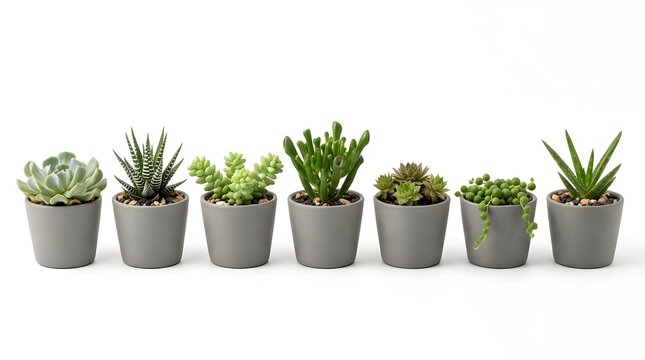 A clean studio shot of various fresh green potted succulent plants arranged in a neat row against a pure white background for commercial decor stock.