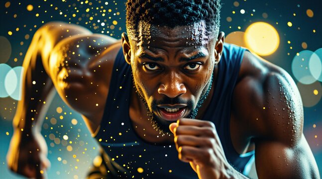 Muscular male sprinter runs fast during intense night training session. Black athlete with sweaty skin focuses on finish line under stadium lights. Sports man demonstrates peak physical condition