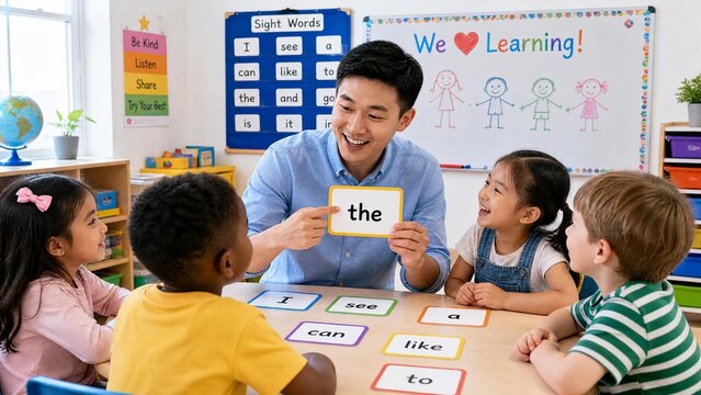 Enthusiastic Asian Male Teacher Using Sight Word Cards with Diverse Group of Preschool Children in Classroom