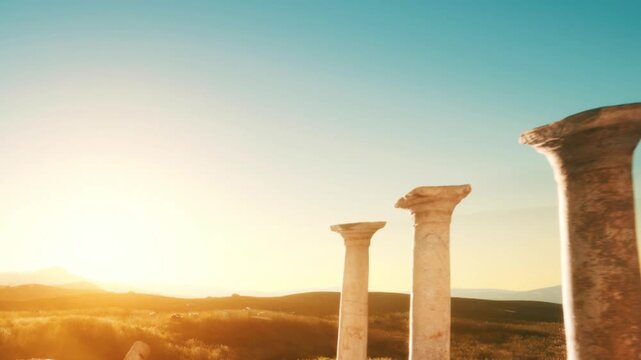 Four ancient stone columns rise toward the sky at sunset. The sun casts a warm light on the columns, creating a scenic view. Mountains are visible in the distance.