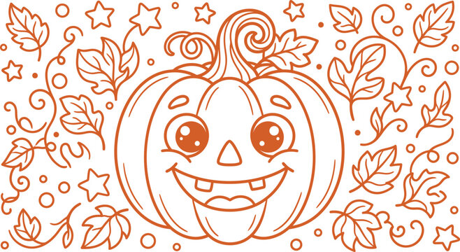 Charming hand-drawn pumpkin face with autumn leaves fall silhouette illustration