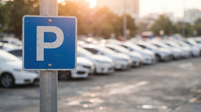 Blue Parking Sign on Metal Pole in Front of Rows of Blurred White Cars for Urban Transportation and City Infrastructure Layouts