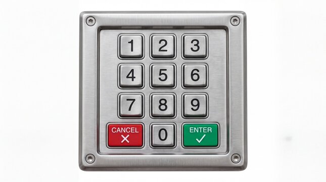 Industrial stainless steel numeric keypad featuring metallic buttons and colorful command keys on white background