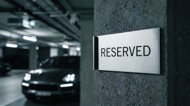 Metal Reserved Sign on Concrete Pillar in Underground Parking Garage with Blurred Luxury Car for Private Parking and VIP Services