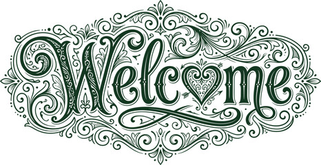 Elegant welcome silhouette typography with flourishes and ornamental details © salmagd988