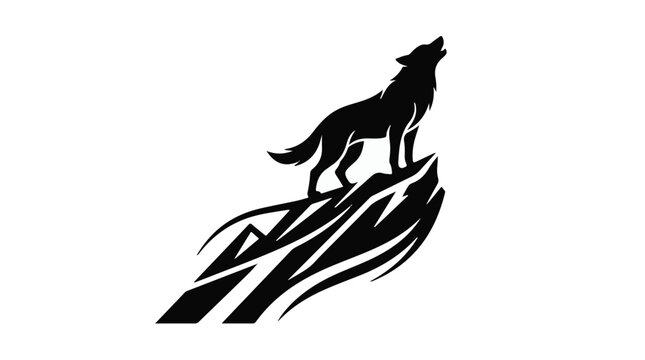 Silhouette of a wolf howling at the moon atop a mountain peak, conveying wildness and freedom.