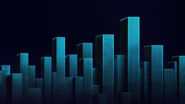 3D Abstract Data Visualization with Teal Pillars. Futuristic Digital Skyline representing Growth and Big Data Analysis for Tech Presentations.
