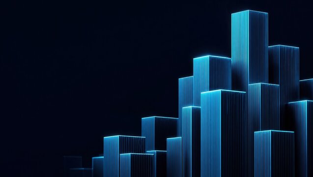 3D Blue Glowing Bar Chart Blocks on Black Background. Abstract Financial Data Growth and Technology Visualization for Corporate Digital Presentations.