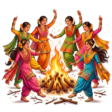 Full-body illustration of Punjabi women dancing in circle around Lohri bonfire on white