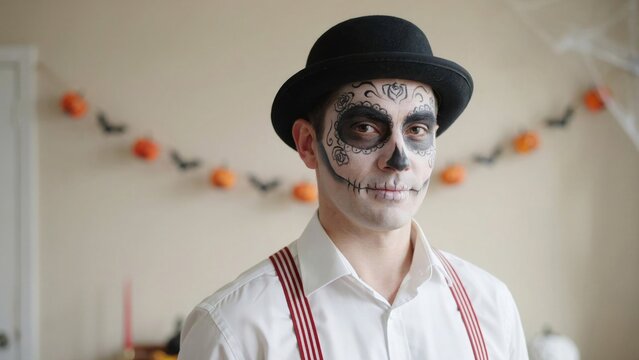 Day of the dead portrait man in sugar skull makeup and bowler hat