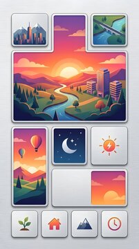 Beautiful landscape illustration featuring sunrise sunset mountains rivers and cityscape with a mobile interface design in vibrant colors and minimalist style