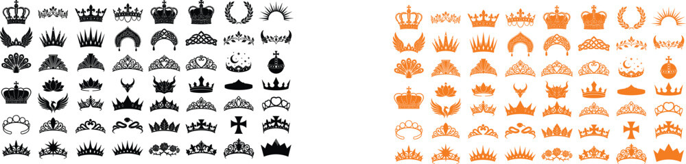Elegant crown and tiara silhouettes with ornamental headpiece designs in black and orange for royalty and fashion illustration © Joyanti