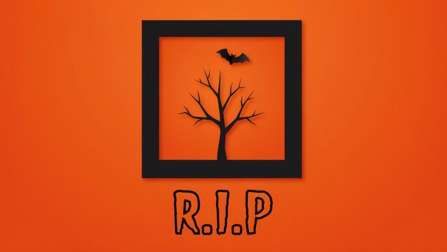 Halloween themed image with rip text and a black framed picture of a bare tree and bat on an orange background