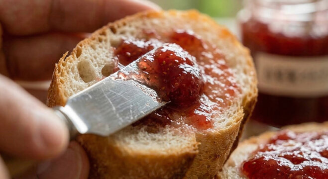 Close up of hands spreading sweet strawberry jam on a slice of baguette with a knife