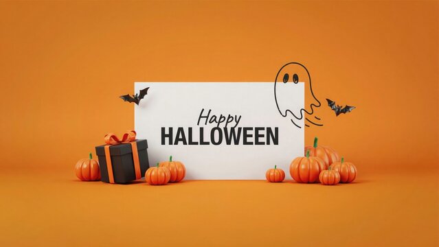 Halloween banner with pumpkins and ghost festive orange background