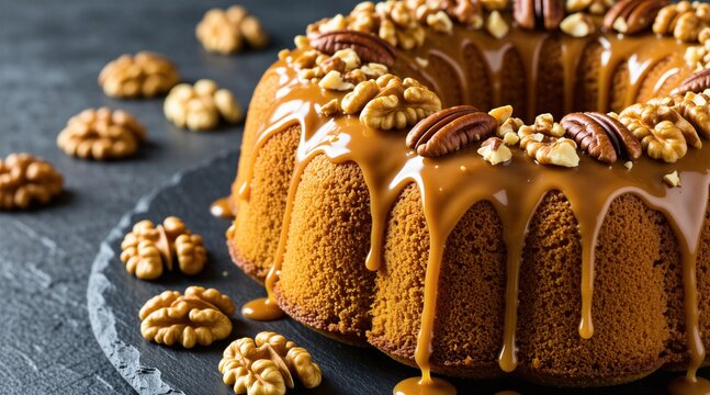 Round bundt cake with caramel glaze, nuts sits on black stone plate. Delicious brown sponge dessert topped with crunchy walnuts, pecans. Appetizing homemade pastry treat for holiday celebration party