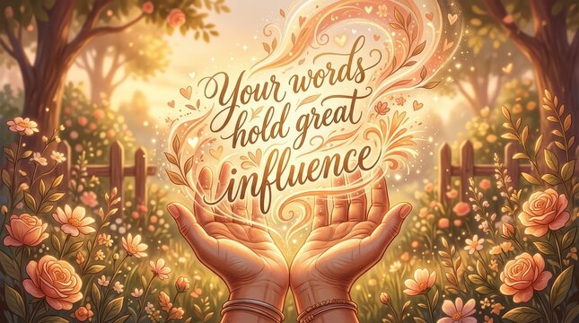 Hands hold magical glowing text 'Your words hold great influence' in a vibrant, sun-drenched garden with blooming flowers and trees