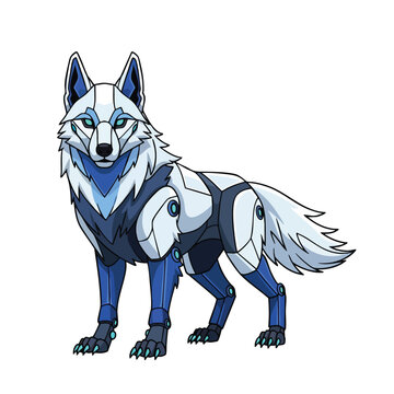 Cyborg wolf with blue eyes standing