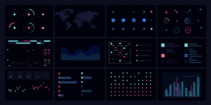 analytics dashboard with dark mode interface data visualization charts graphs world map metrics statistics monitoring performance analysis information design user