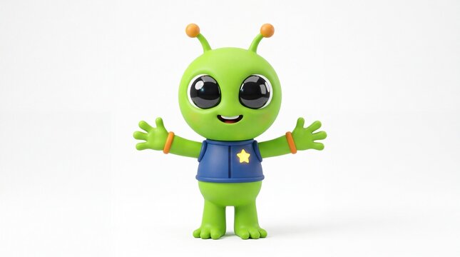 Cute 3d green alien character wearing a blue vest standing with open arms on white background