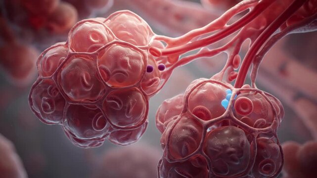 Microscopic view of human lung alveoli showing gas exchange process in biological tissue.
