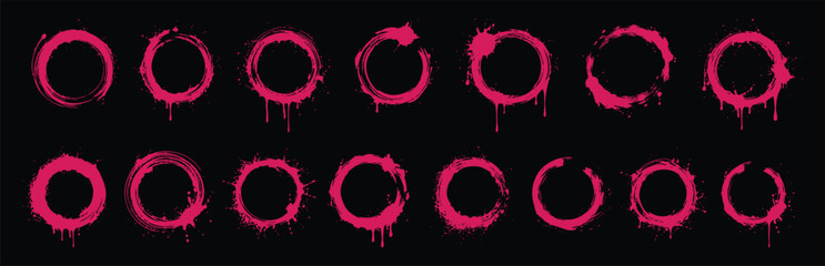 Set of 14 pink spray paint circles with drips, grunge circular frames, vector illustration elements for street art design © Zbrake Studio