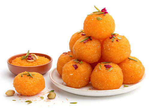 Motichoor Ladoo stack, vibrant orange festive sweets with saffron garnish, isolated on white background