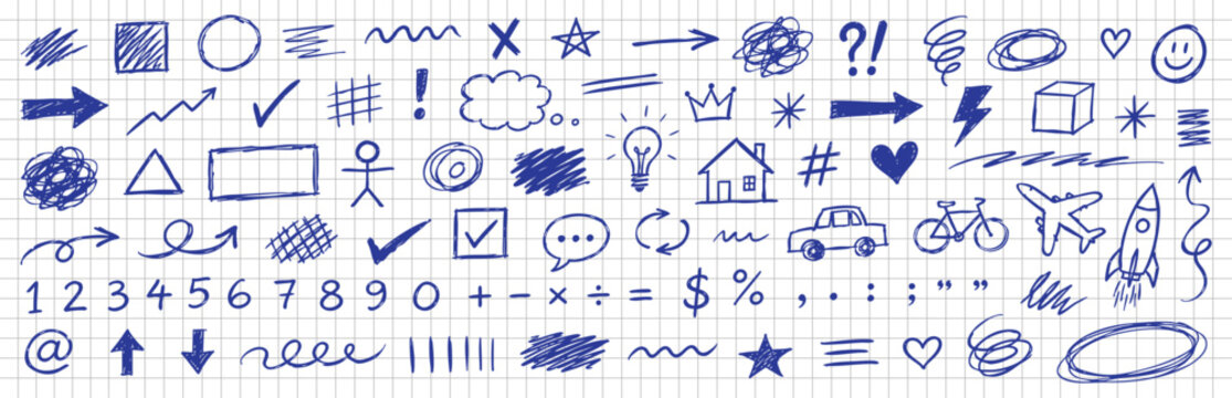 Hand drawn doodle set of various shapes, arrows, symbols, numbers, and icons on grid paper background
