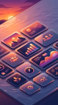 Modern digital dashboard interface with UI UX elements in a minimalist style featuring grid layout for technology use