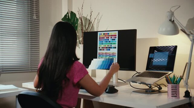 Creative graphic designer choosing colors from a swatch for a new project. Young woman artist working at her desk in a modern office