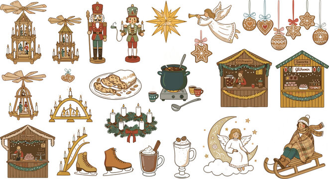 German Christmas Market Vector Illustration Collection Featuring Pyramids, Nutcrackers, Stollen, Gluhwein Stalls, Gingerbread, and Traditional Holiday Elements in Retro Doodle Style