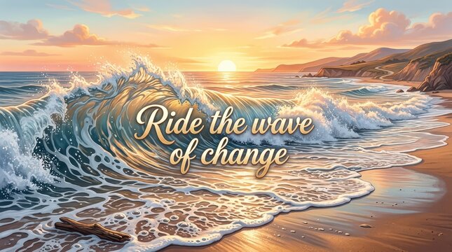 Inspirational ocean wave at sunset with text 'Ride the wave of change', symbolizing new beginnings and positive transformation.