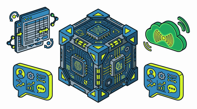 Minimalist Flat Cel Shaded Tech Operations Center Web Interface Sticker Asset, "Created with AI assistance and manually refined."