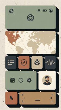 Modern smartphone interface with abstract icons in minimalist design displaying dashboard digital layout in green and brown tones