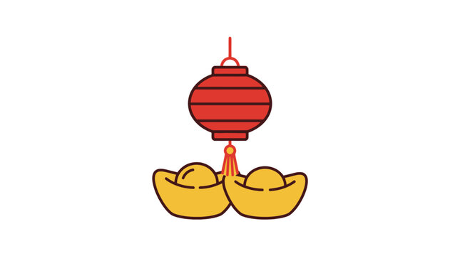 Red Chinese lantern with gold sycee ingots on white.