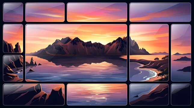 Beautiful mountain landscape sunset scene with water reflecting colorful sky and rocky formations for travel nature and landscape photography