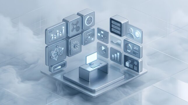 futuristic digital interface dashboard with abstract icons and grid layout in blue and gray colors for technology and user experience design