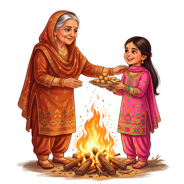 Full-body illustration of Punjabi grandmother and granddaughter celebrating Lohri on white