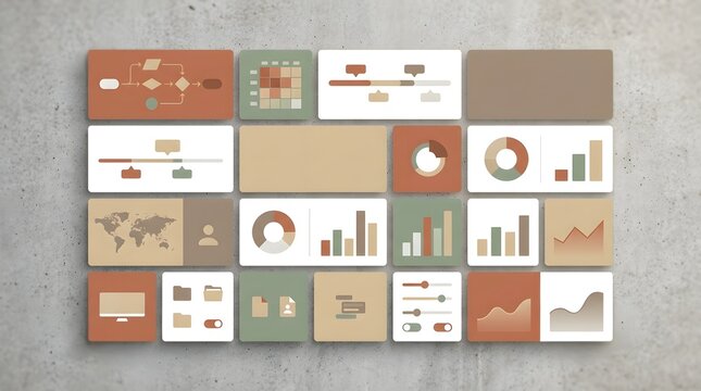 Modern UI dashboard interface with abstract digital layout featuring minimalistic grid design in earthy tones for technology and data visualization