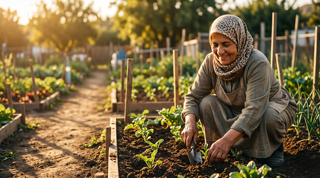 Senior woman gardening seedlings in a community garden at sunset