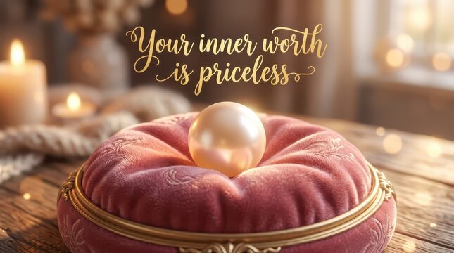 Inspirational quote "Your inner worth is priceless" with a pearl on a velvet cushion, illuminated by candles