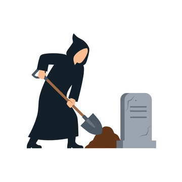 Vector illustration depicting a figure digging a burial plot with a shovel, isolated on white. High-contrast silhouette for concepts of death, labor, and graveyard themes.