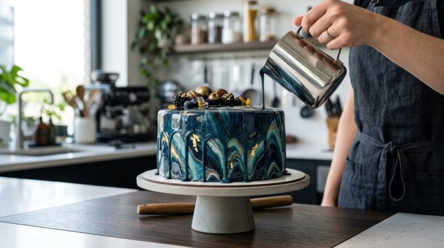 Baker hands pouring blue marble texture liquid cream glaze over fresh baked layer cake on stand