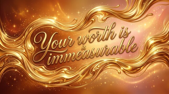 Luxurious gold swirls and sparkles with inspirational text "Your worth is immeasurable" - premium background