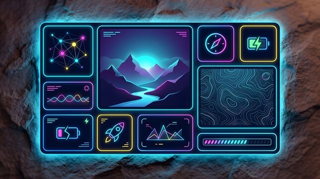 Neon glowing digital dashboard interface with abstract mountain landscape and futuristic technology elements for modern UI UX design