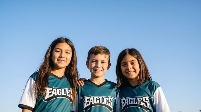Three smiling siblings wearing Eagles football jerseys standing together against blue sky
