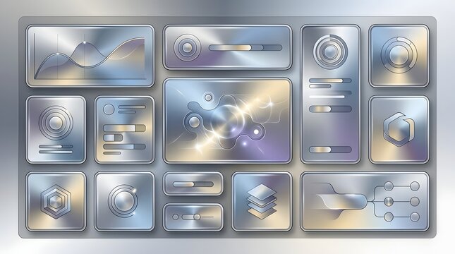 Modern digital user interface with futuristic elements in blue and gray colors showcasing a grid layout for technology dashboards and UX design