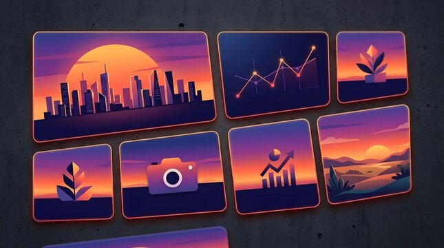 Modern digital interface with sunset cityscape and graph visuals showcasing technology and data analysis in vibrant purple orange colors for UI UX dashboard layout