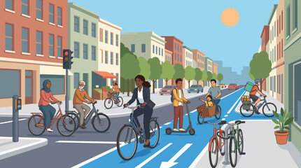 Obraz premium Diverse people cycling and riding scooters on a dedicated bike lane in a vibrant city street.
