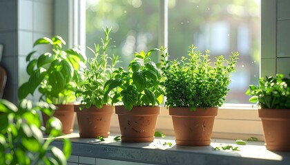 Fototapeta premium Assortment of fresh potted herbs thriving on a sunlit windowsill, bringing a touch of green to the kitchen